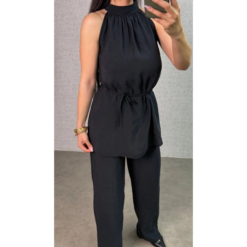 Kadın Halter Yaka Beli Kuşak Detaylı Ikili Takım
