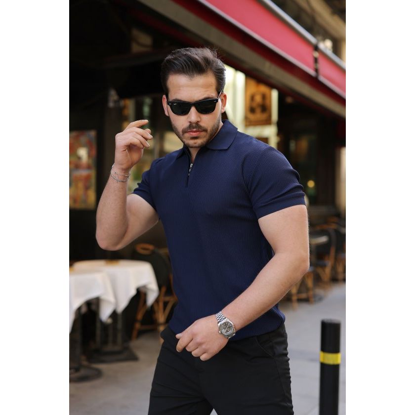 Erkek Fermuarlı Yakalı Kısa Kollu Tshirt