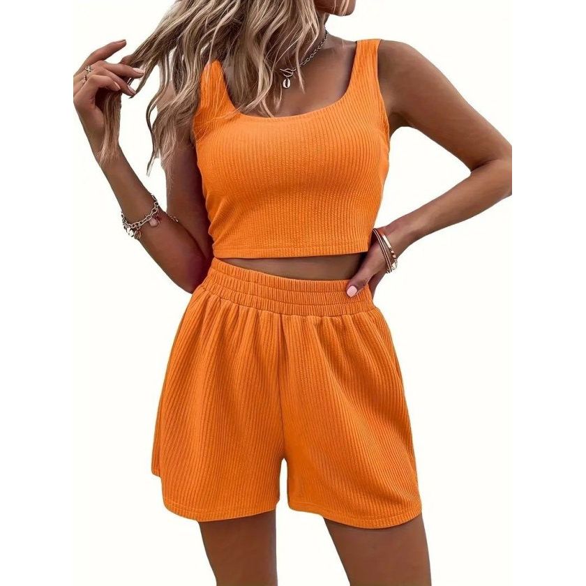 Kadın Askılı Yuvarlak Yakalı Burgu Krop Ve Bluz Short Ikili Takım