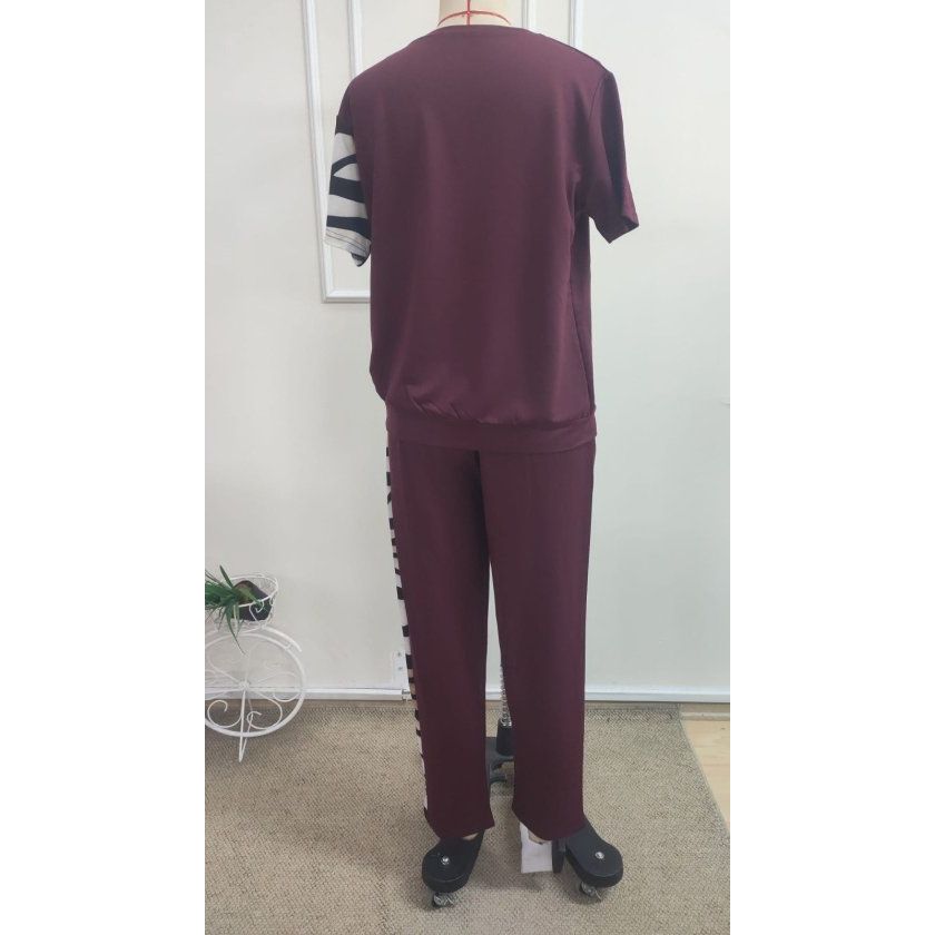 Kadın Kısa Kollu Bisiklet Yaka Zebra Desen Bluz Ve Pantolon Ikili Takım