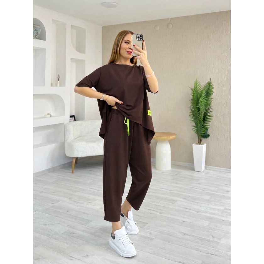 Kadın Kısa Kollu Bisiklet Yaka Viskon Iki Iplik Bluz Ve Pantolon Ikili Takım