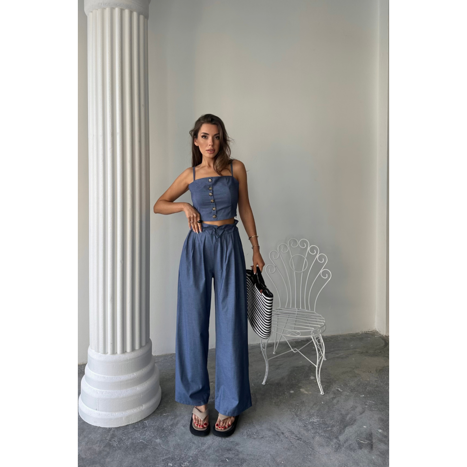 TENCEL CROP ASKILI BLUZ - ŞALVAR PANTOLON TK - İndigo