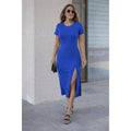 Kadın Kısa Kollu Bisiklet Yaka Yandan Yırtmaçlı Midi Viskon Elbise