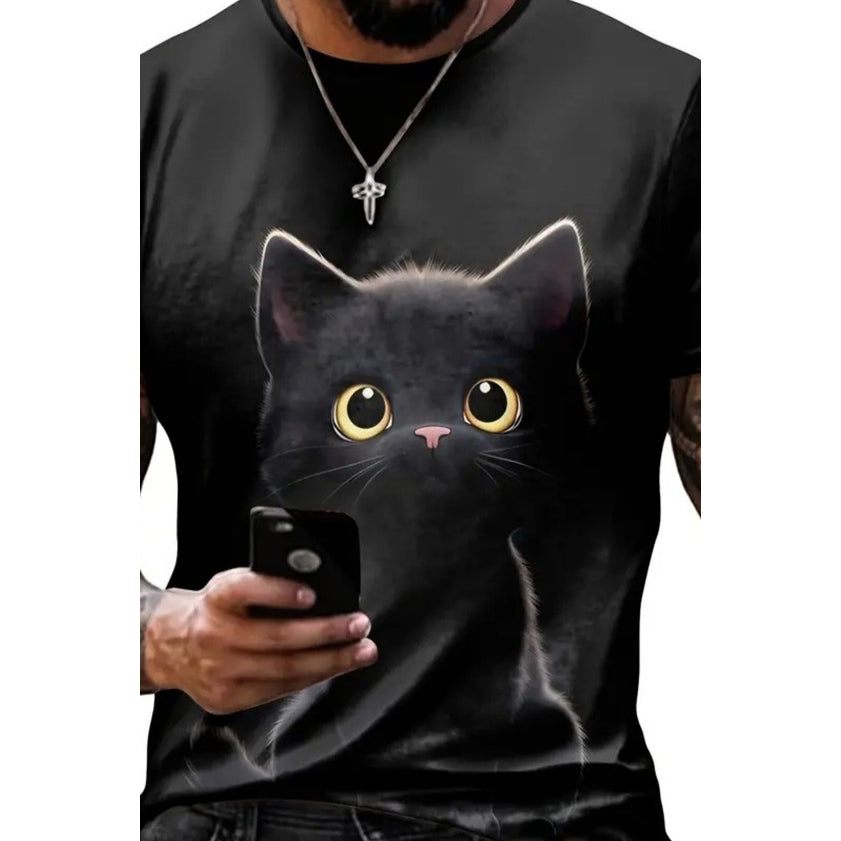 Erkek Bisiklet Yaka Kedi Baskılı Süprem T-shirt