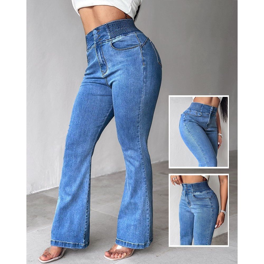 Kadın Yüksek Bel Yanları Lastik önü Düğmeli Kot Pantolon